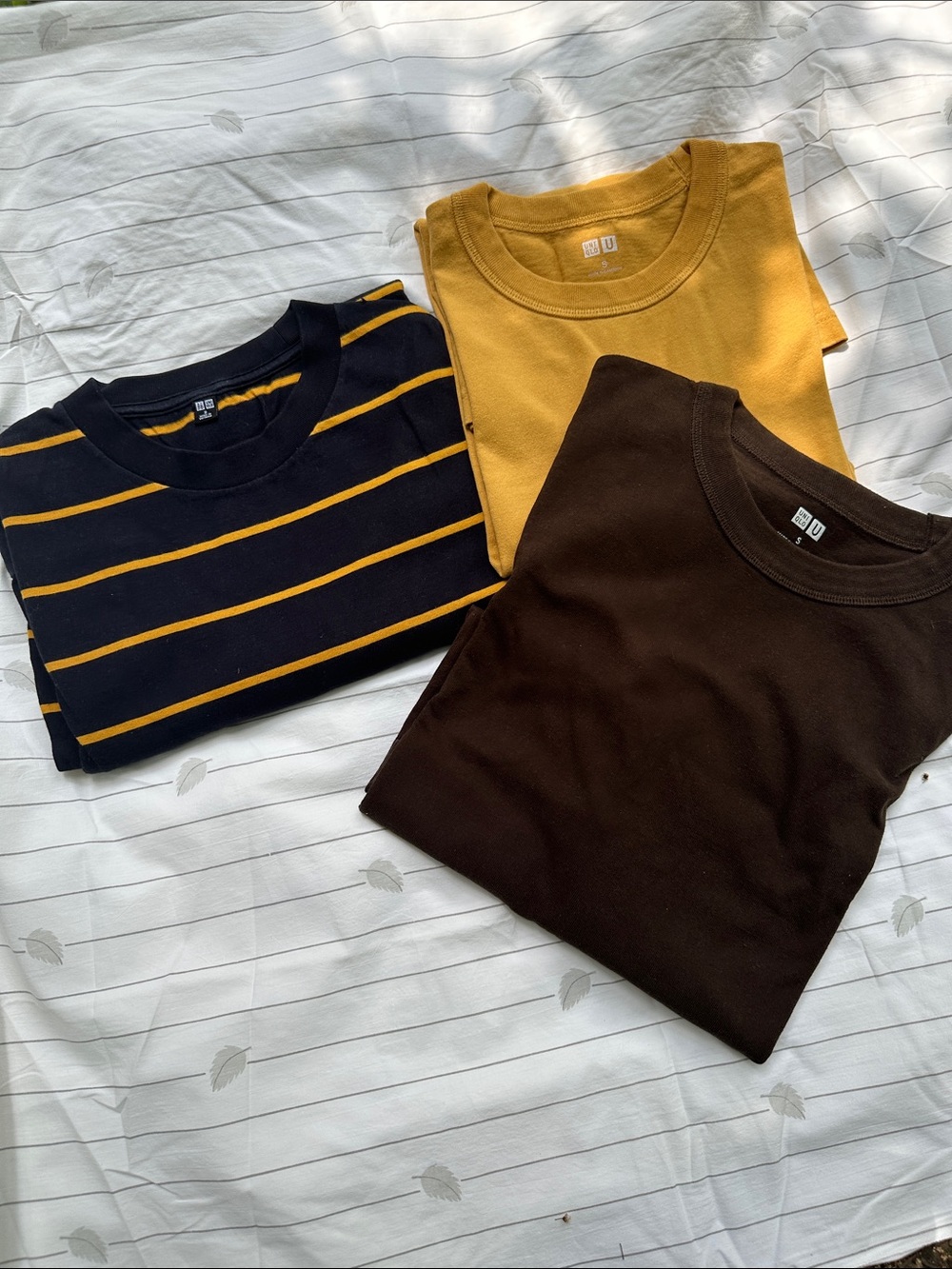 Uniqlo Three-Pack Crewneck Tees - Navy Stripe, Mustard, Chocolate Brown